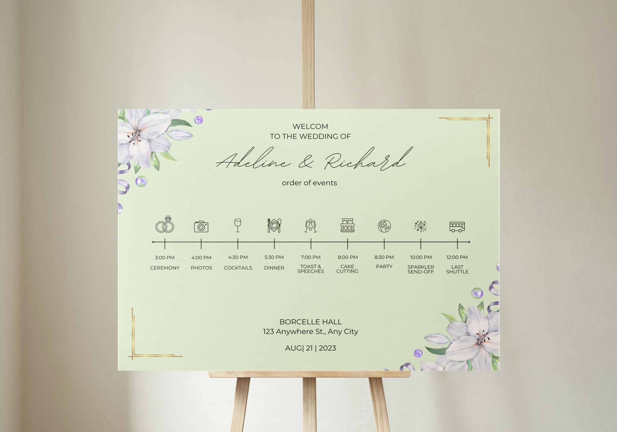 Wedding itinerary foam canvas custom display